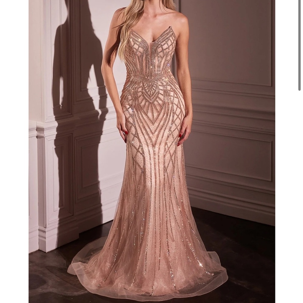 BRAND NEW Cinderella Divine CC6018 Strapless Prom Dress Rose Gold Size 12
